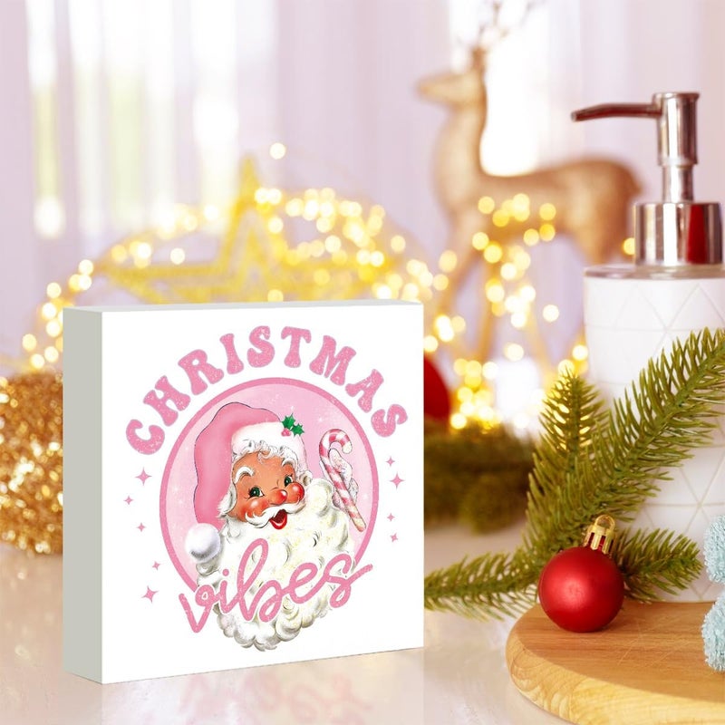 FXEFXE Pink Christmas Decor, Vintage Christmas Decorations Indoor, Glitter Candy Cane Santa Claus Sign Gift for Women Friends, Rustic Farmhouse Wooden Box Sign for Home Office Bedroom Desk Decor 5x5 Inches - Image 5
